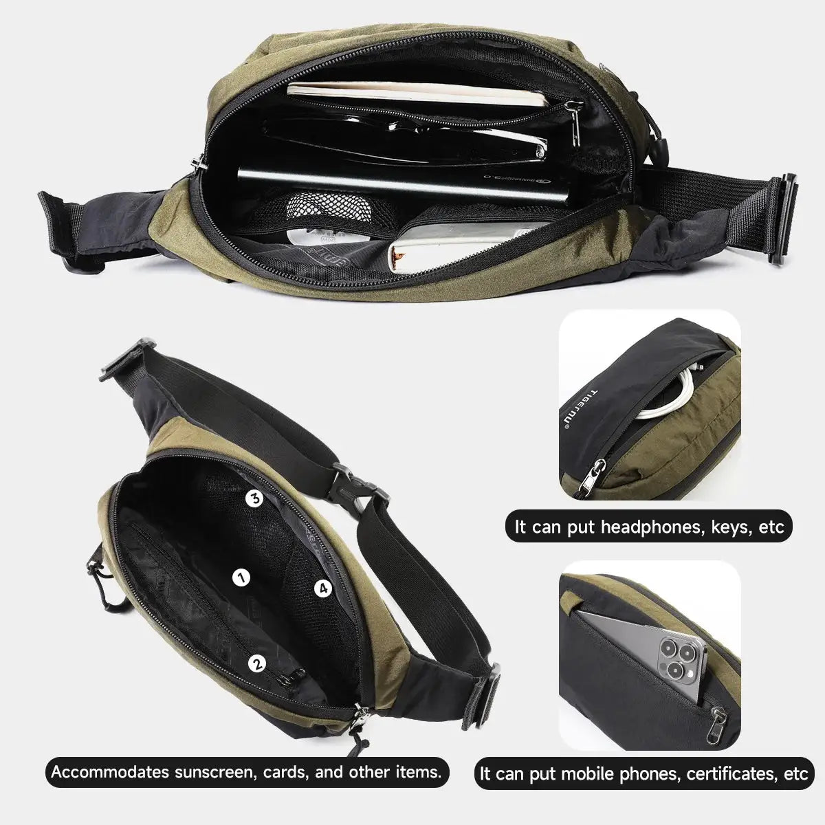 Tigernu lightweight crossbody bag for men in olive and black, splashproof, versatile sling/waist bag by Simples Market