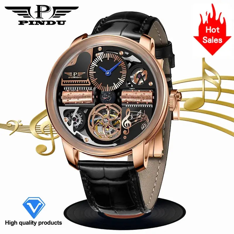 PINDU Skeleton mechanical watch for men, rose gold stainless steel case, blue hands, black leather strap, sapphire glass