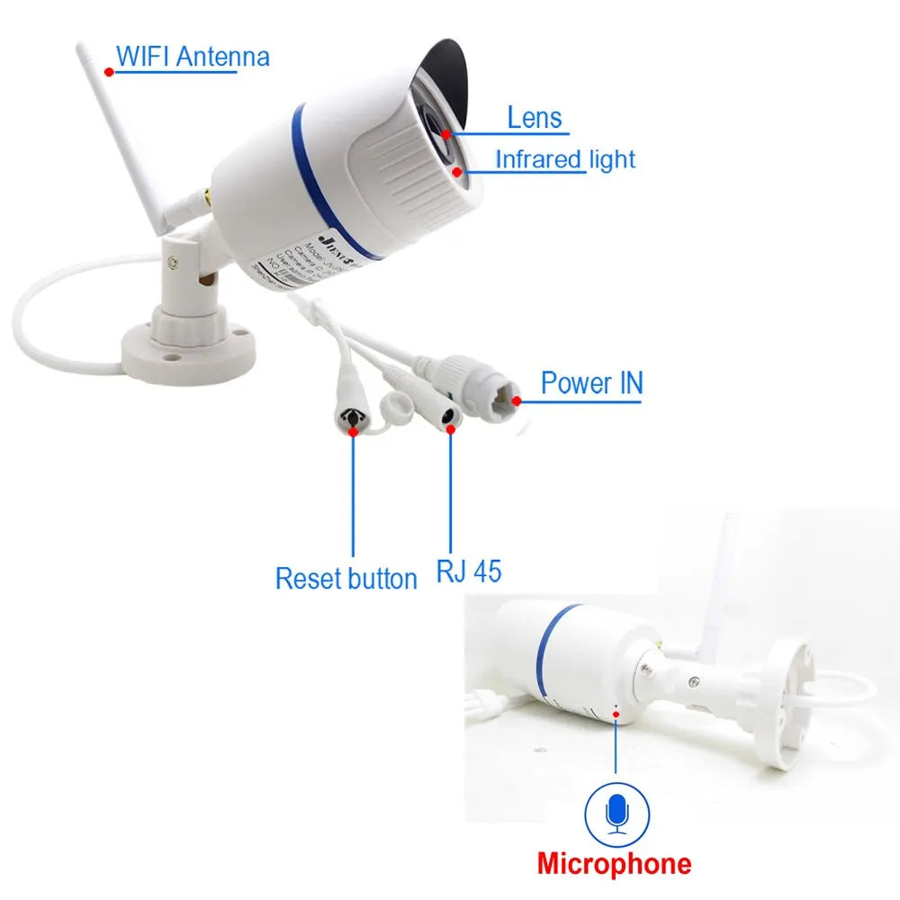 White outdoor WiFi IP camera with infrared night vision and built-in microphone