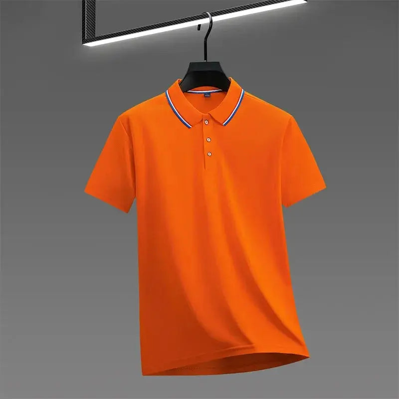 Men's orange polo shirt with short sleeves and white-blue collar trim.