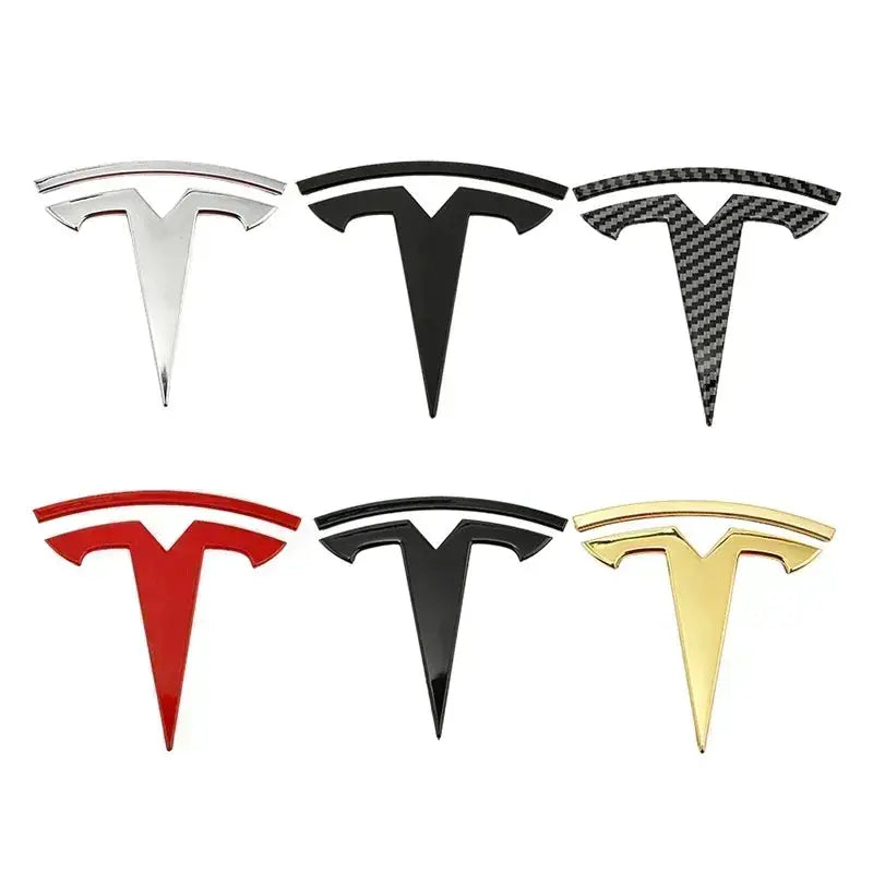 Tesla emblem stickers set in zinc alloy; 6 finishes for Model 3/Model Y front hood and rear trunk