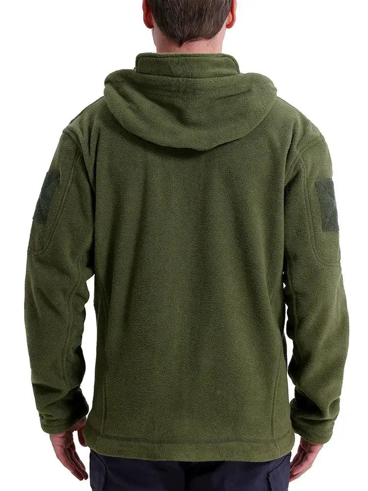 Simples Market men's olive green hunting fleece jacket, hooded tactical fleece with multi-pocket design