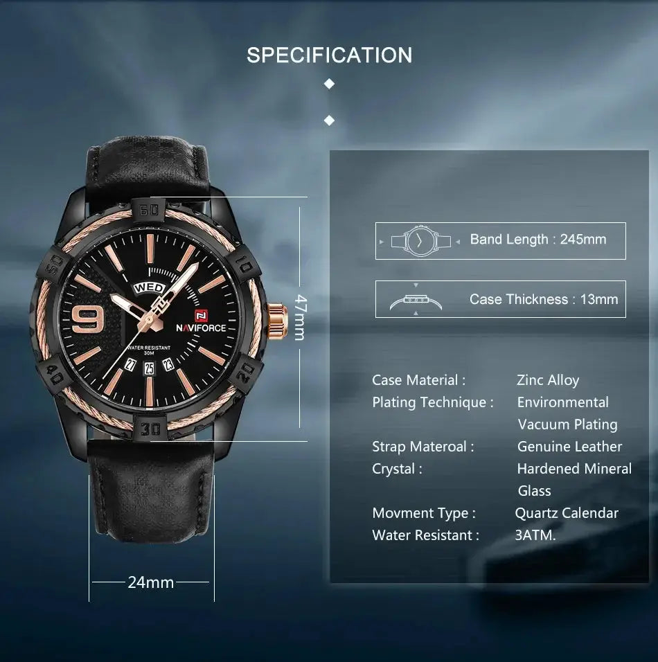 NAVIFORCE men's wristwatch with black dial, leather strap and steel case