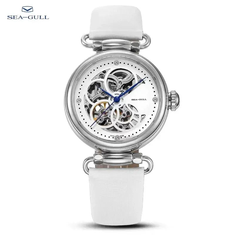 Sea-Gull women's skeleton mechanical watch with white leather strap and silver case, blue hands