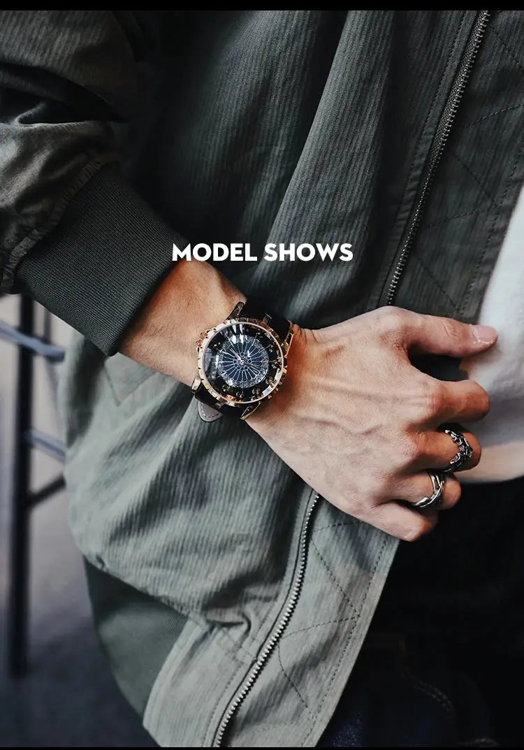 Simples Market quartz men's watch with black strap and rose-gold bezel on wrist