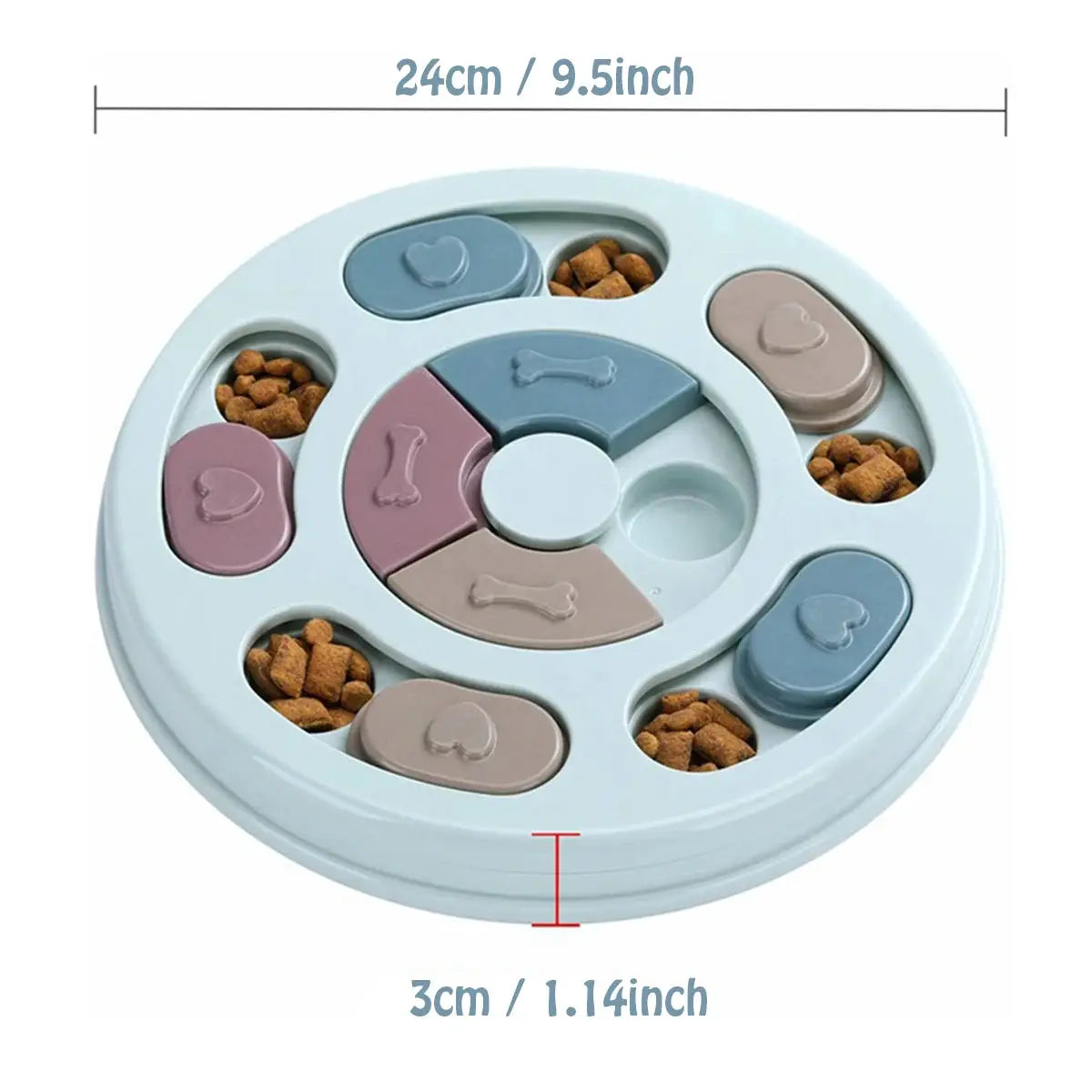Dog puzzle feeder bowl with bone-shaped lids; pastel blue/gray slow-feed toy with kibble compartments.