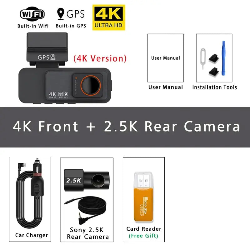 Dash Cam Dual Lens 4K Front + 2.5K Rear, GPS, WiFi; Simples Market, includes car charger and USB card reader
