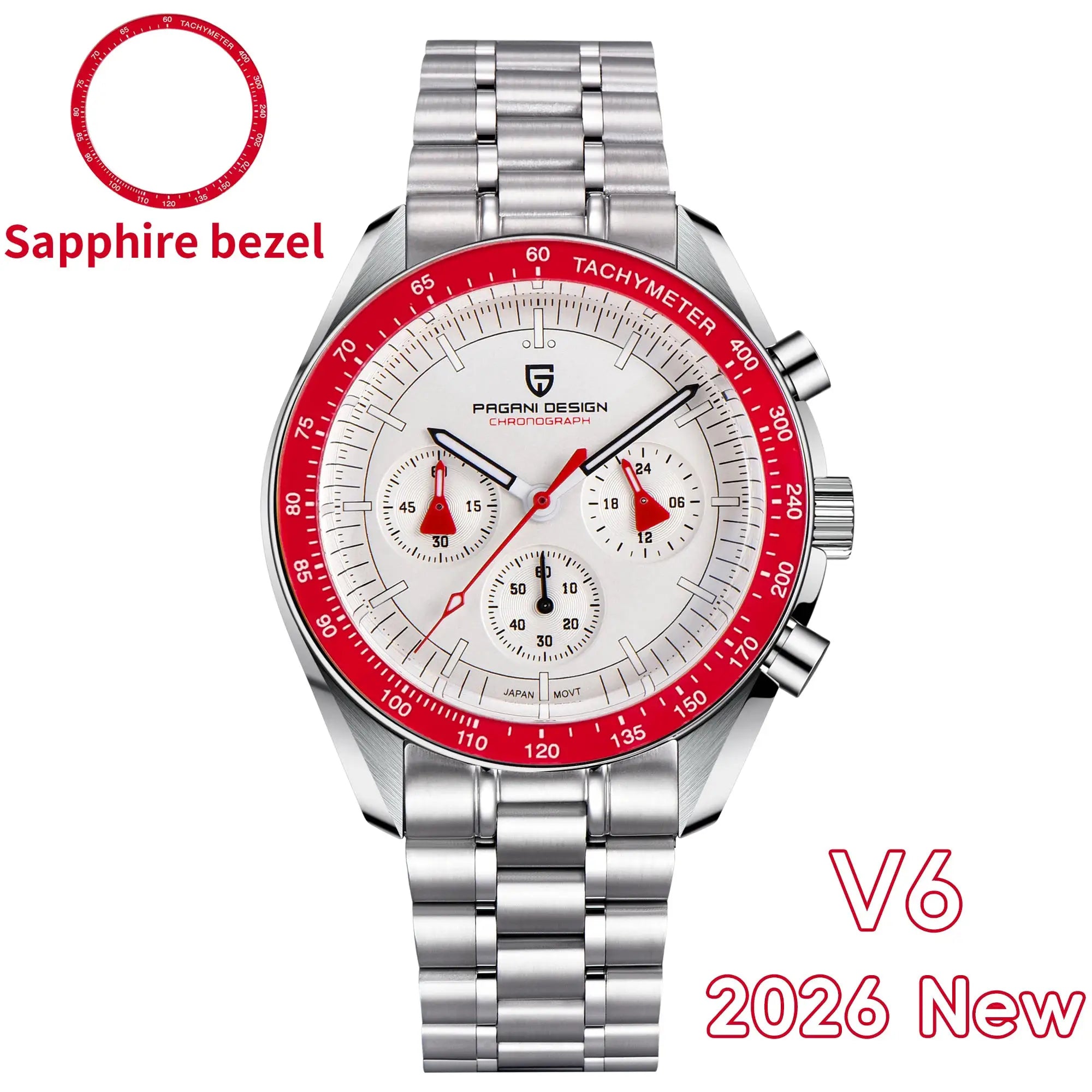 PAGANI DESIGN men's stainless steel chronograph watch with red tachymeter bezel and white dial