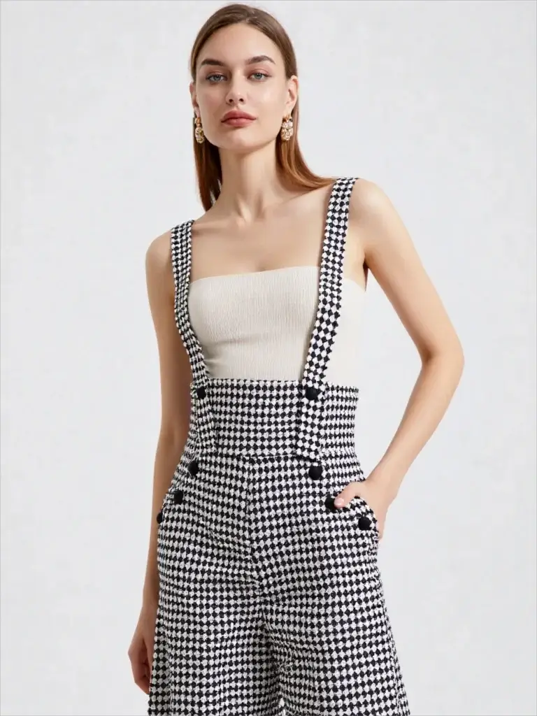 Women's black and white houndstooth overalls with wide-leg suspenders by Simples Market