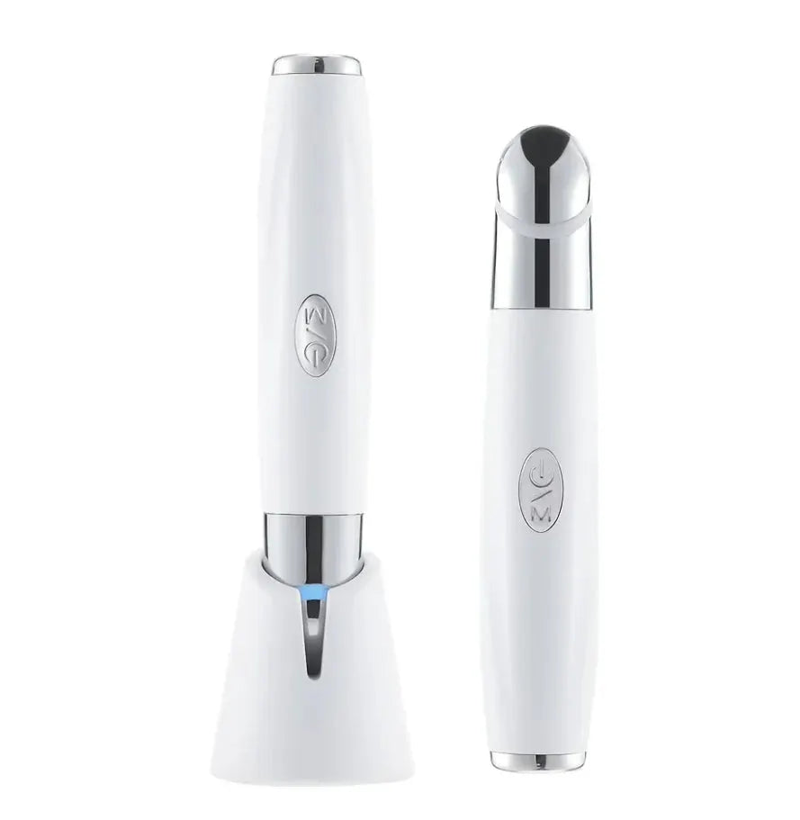 Electric Eye Massager Pen set; two white devices with chrome tops and a charging dock.