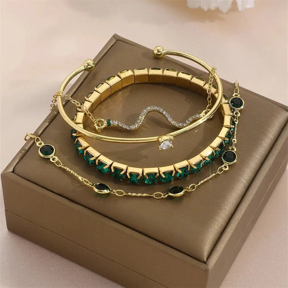 Set Of Four Snake Pattern Gemstone Bangles With Rhinestones Full Metal Bracelets For Women Birthday Party Gift