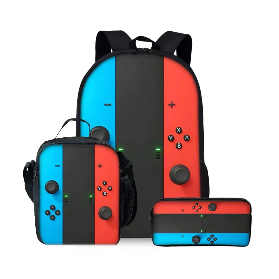 Game-console pattern three-piece backpack set: large backpack, mini backpack, and pencil case in blue, black and red by Simples Market