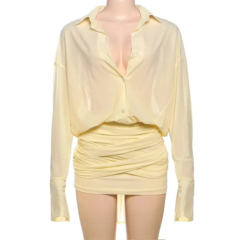 See Through Mini Dress With Flare Sleeves Ruched Bandage Club Party