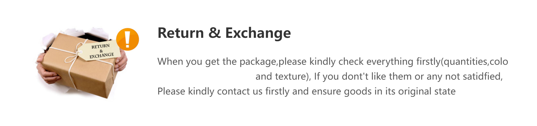 Return and exchange banner featuring a brown kraft cardboard package, white string, and an orange alert badge