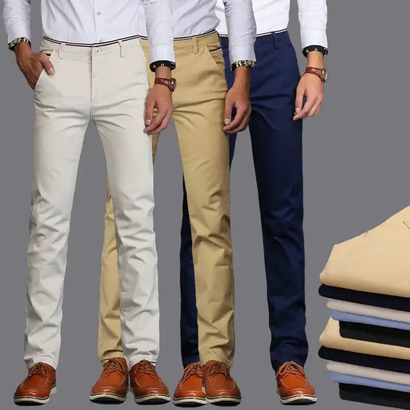 Three pairs of men's cotton chinos in light gray, khaki, and navy; classic casual office trousers