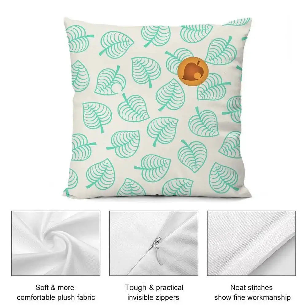 Pillow case by Simples Market, square double-sided teal leaf print on white plush fabric with invisible zipper.