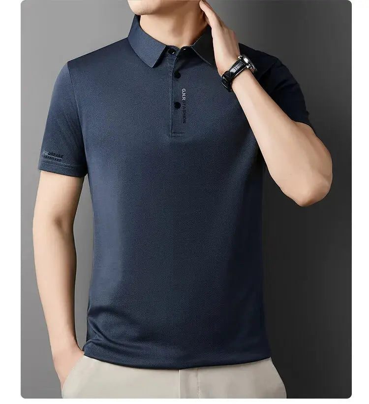 Men's navy blue ice silk polo shirt by Simples Market, short-sleeve casual golf top