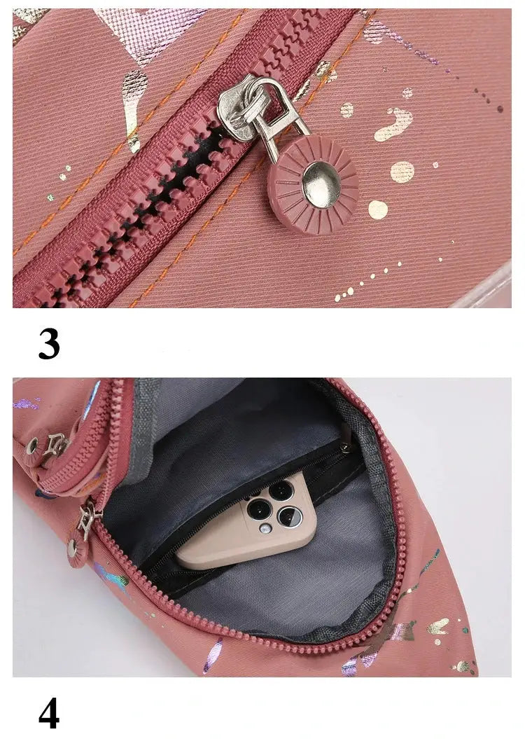 Crossbody chest bag in pink with metal zipper pull and inner phone pocket by Simples Market