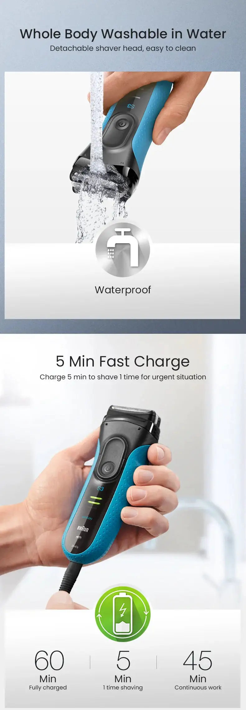 Braun 3 Series ProSkin electric shaver with trimmer, blue handle, waterproof