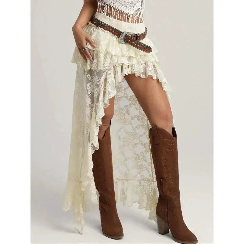 Deeptown Y2k asymmetrical lace tulle skirt, ivory layered see-through boho streetwear