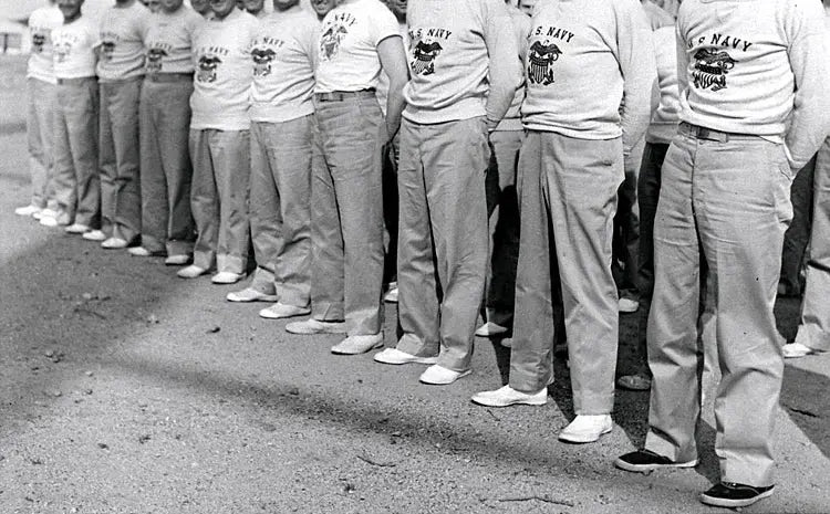 Rugged Bronson Army Chino Trousers, 1942 pattern khaki military pants, lined up with U.S. Navy personnel in chinos.