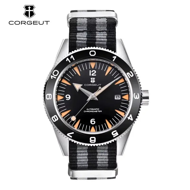 Corgeut 41mm automatic men's watch with black dial and striped nylon strap