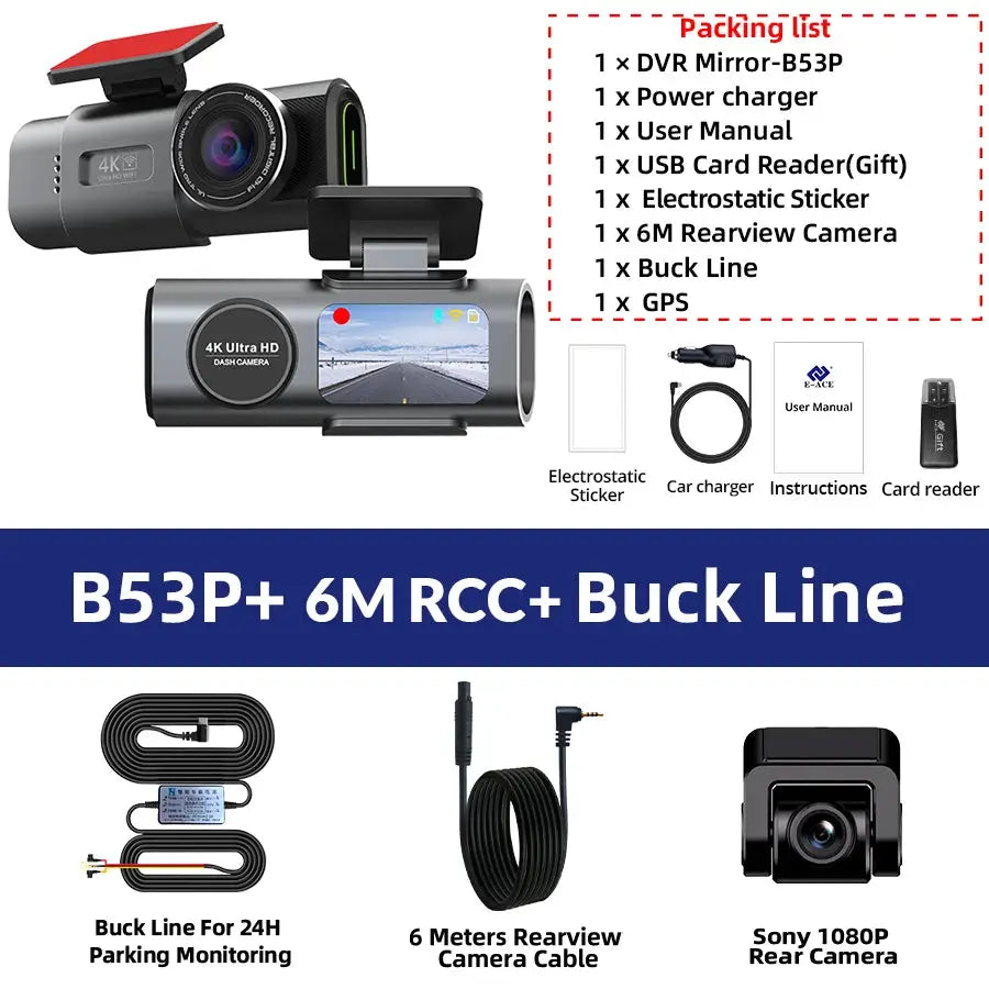Dash Cam 4K GPS WiFi car DVR kit with optional rear lens, black Simples Market