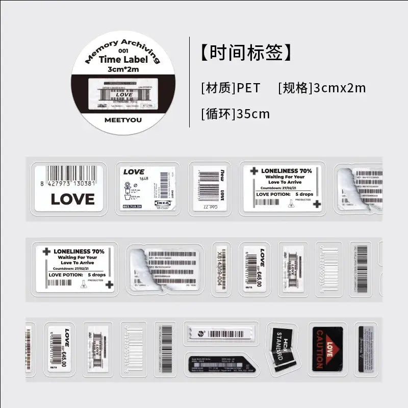 Decorative adhesive tape sheet for memory journaling and scrapbooking with MEETYOU label designs