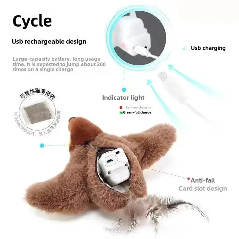 Hot Cat Interactive Catnip Bird Toy USB Rechargeable Touch Activated Squeaky Plush With Flapping Wings