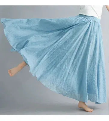 Long blue cotton-linen A-line skirt with elastic waist by Simples Market