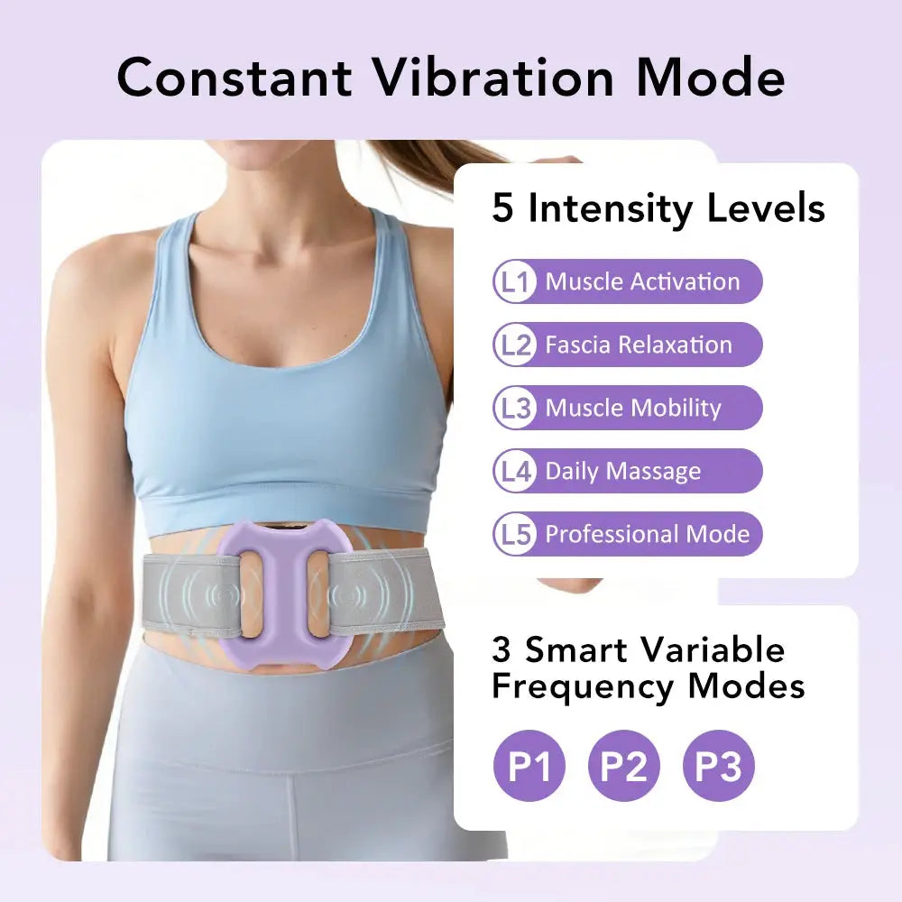 Portable vibration dual-ring fascia massager belt, Simples Market, purple with gray strap worn at the waist