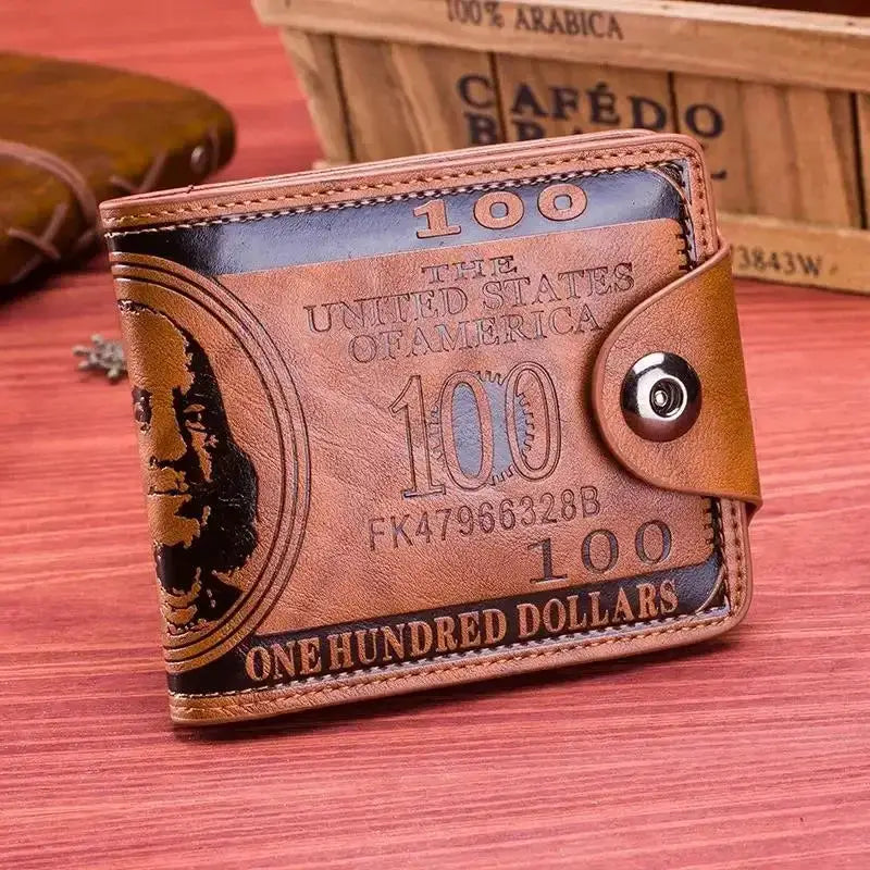 Men's genuine leather slim bifold wallet in brown with money-print US bill design, RFID blocking