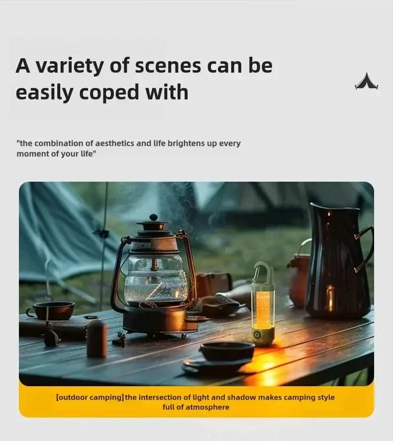 Outdoor camping LED lights; two rechargeable lanterns on a table, waterproof and portable.