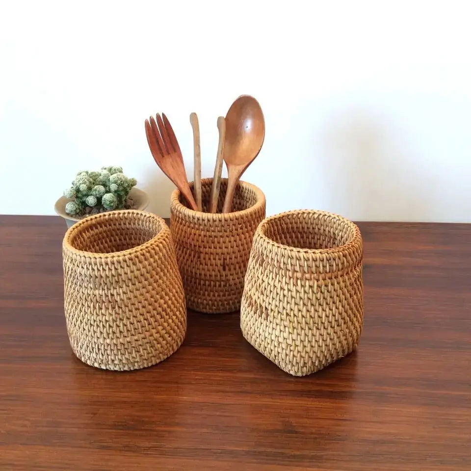 Handmade Rattan Kitchen Organizer Basket For Tableware Storage Cutlery Holder Eco Friendly Durable