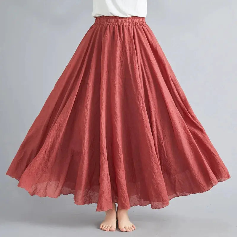 Maxi skirt red cotton-linen with elastic waistband, solid-color flowing A-line long skirt for women