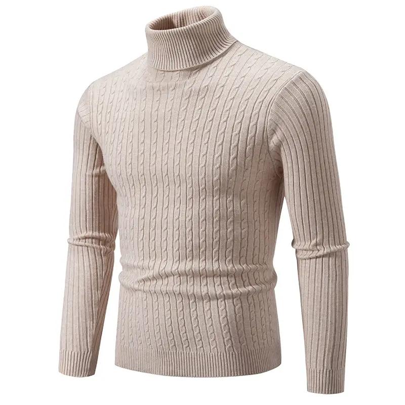 Men's beige cable-knit turtleneck sweater, solid color woolen pullover.