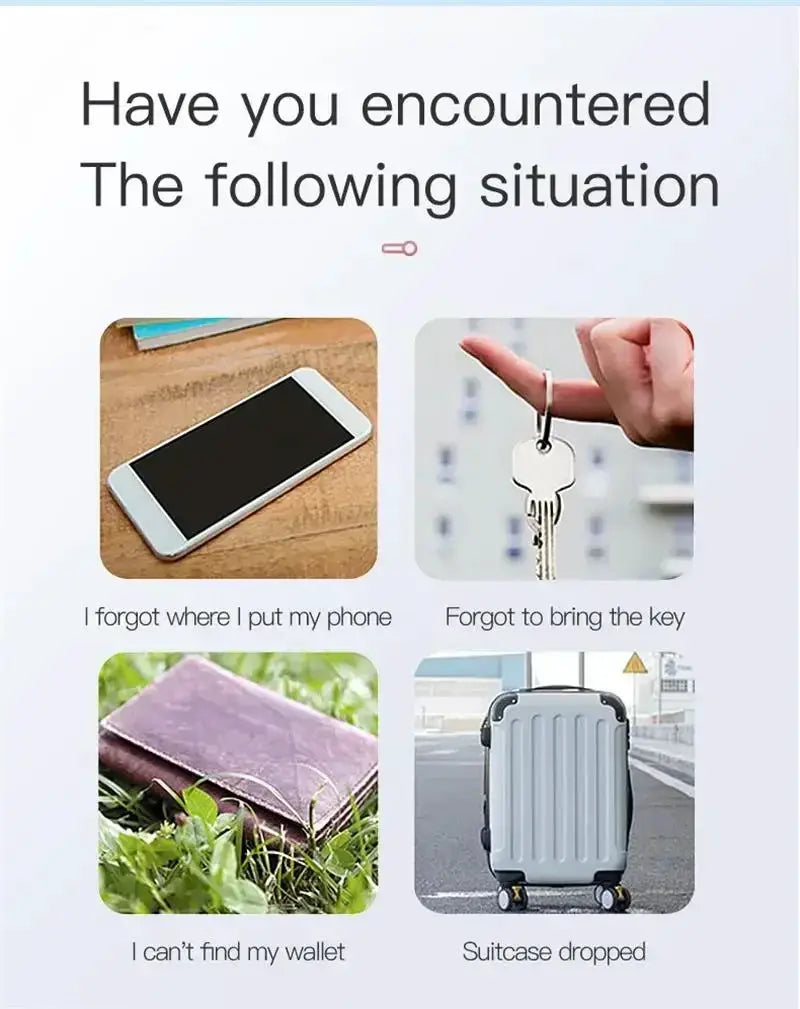 Xiaomi GPS Tracker Bluetooth 5.0 compact anti-lost device; four loss scenarios shown: phone, keys, wallet, suitcase.