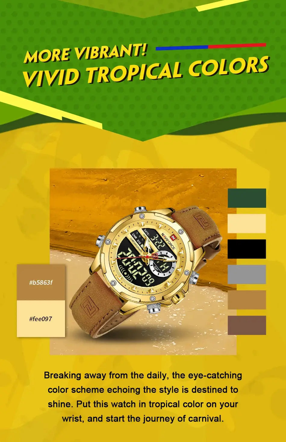 NAVIFORCE luxury men's chronograph wristwatch with gold-tone case and brown leather strap