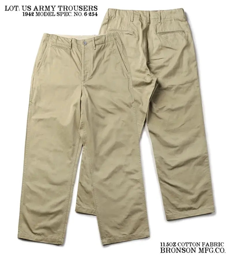 Bronson Army Chino Trousers (2 pairs) in khaki cotton fabric; rugged 1942 pattern military-style casual pants.