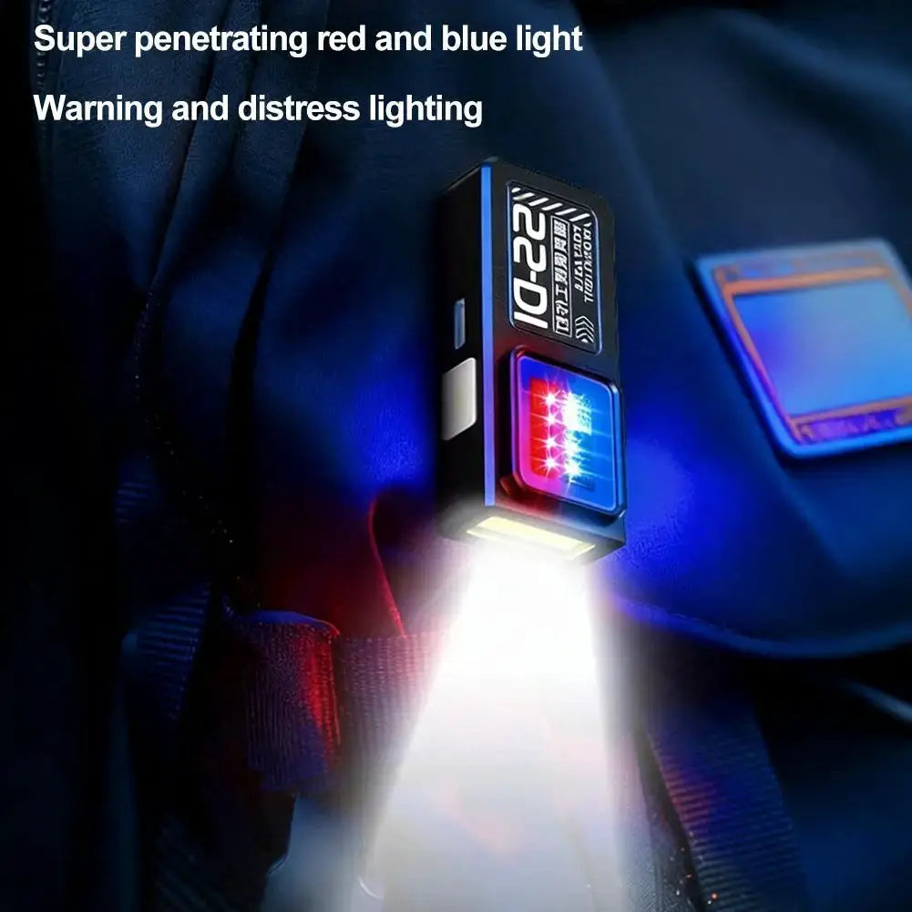 Simples Market mini COB LED keychain flashlight, black with blue trim, USB-C rechargeable hanging pocket lamp