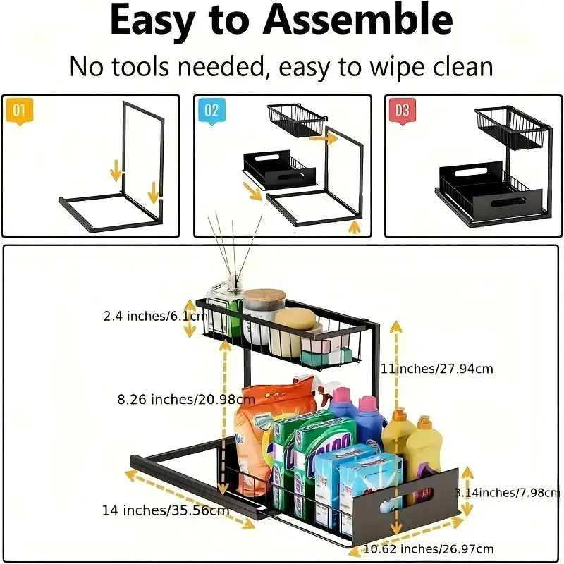 2 Tier Sliding Under Sink Organizer Metal Storage For Kitchen And Bathroom Cabinets Rustproof Cleaning Supplies