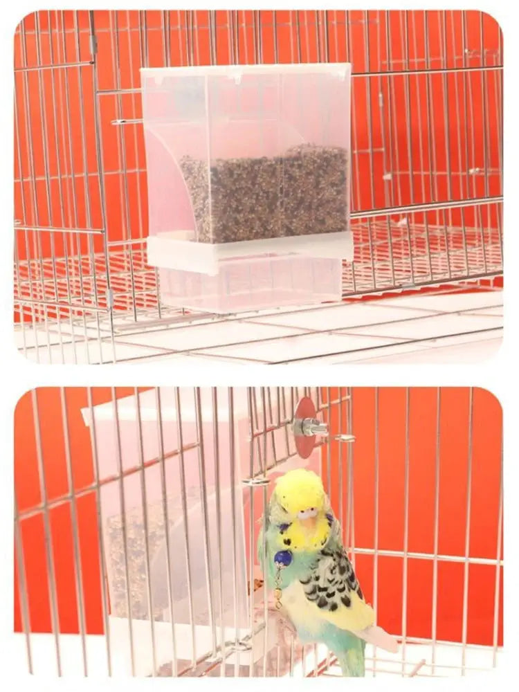 Parrot feeder anti-spill clear plastic feeding box by Simples Market, a transparent seed dispenser mounted on a cage.