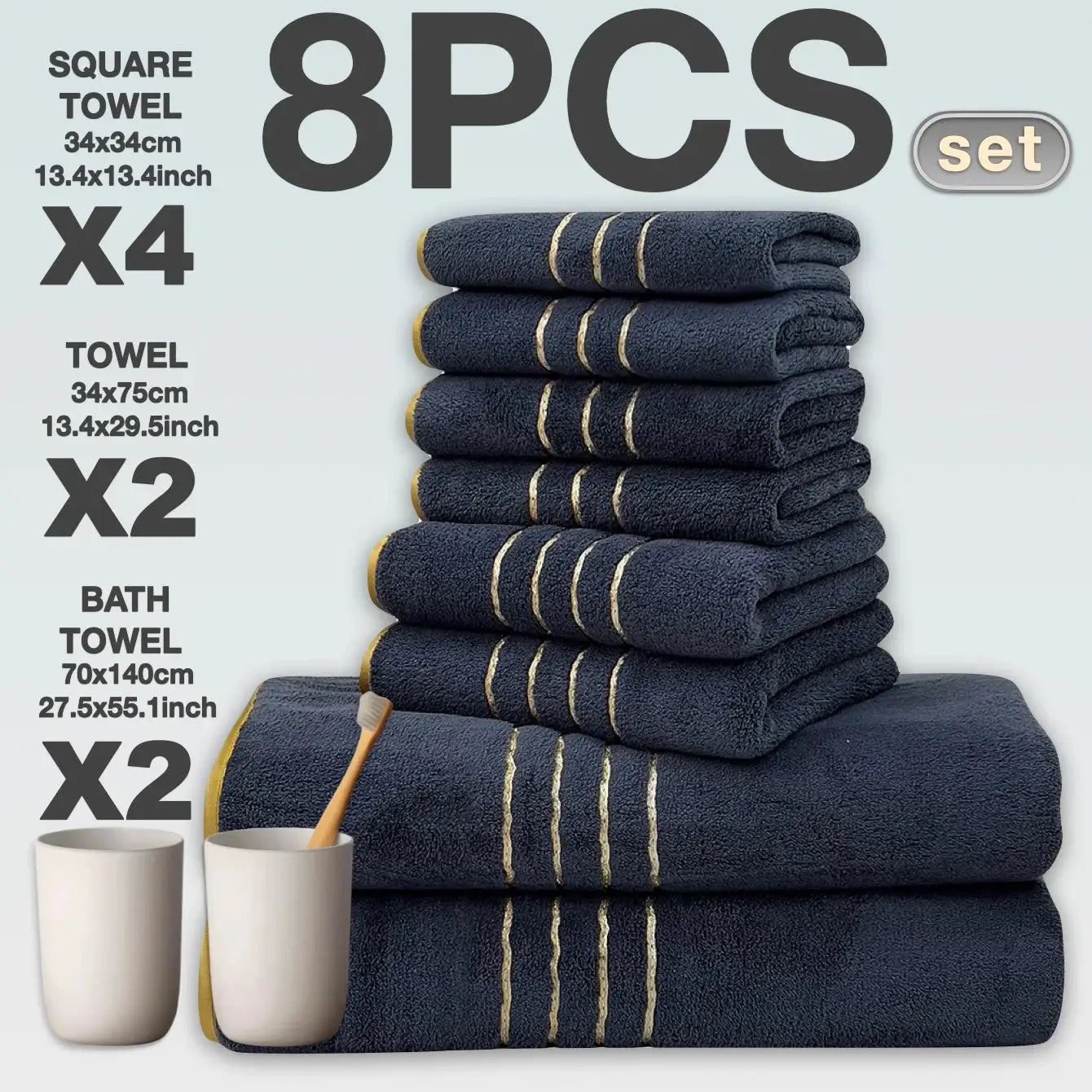 8-piece navy cotton bath towel set with gold trim