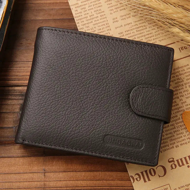 Men's black genuine leather wallet with strap closure, real cowhide, JINBAOLAN embossed logo