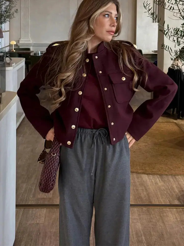 HH 2024 Fashion Women Soft Tweed Bomber Jacket O Neck Long Sleeve Pockets Button Closure Loose Woolen Coat Streetwear