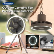 Outdoor camping fan set by Kinscoter: two portable desktop & ceiling circulators with LED lighting and power bank