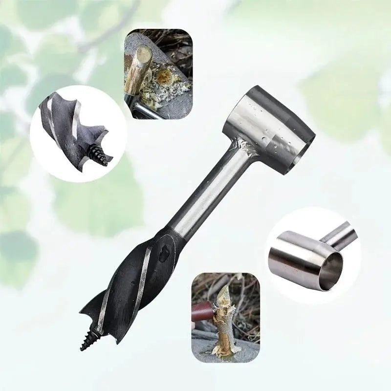 Auger wrench hand drill for outdoor survival; metal shaft, black handle, Simples Market.