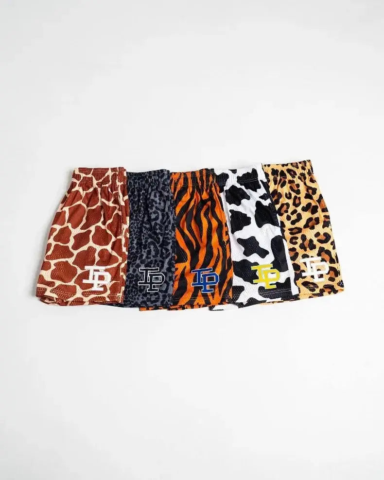 Simples Market men's quick-dry gym shorts, 5-pack of animal-print athletic shorts (giraffe, leopard, tiger, cow, tan leopard).
