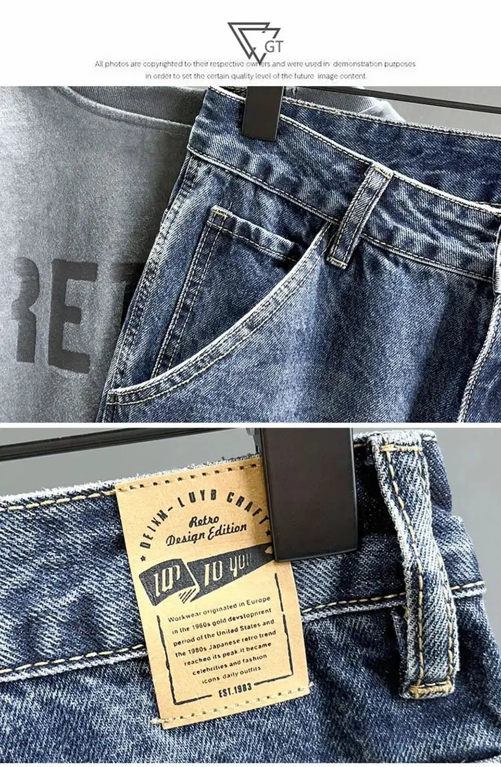 Korean vintage loose-tapered men's jeans by Simples Market, blue denim with retro patch label
