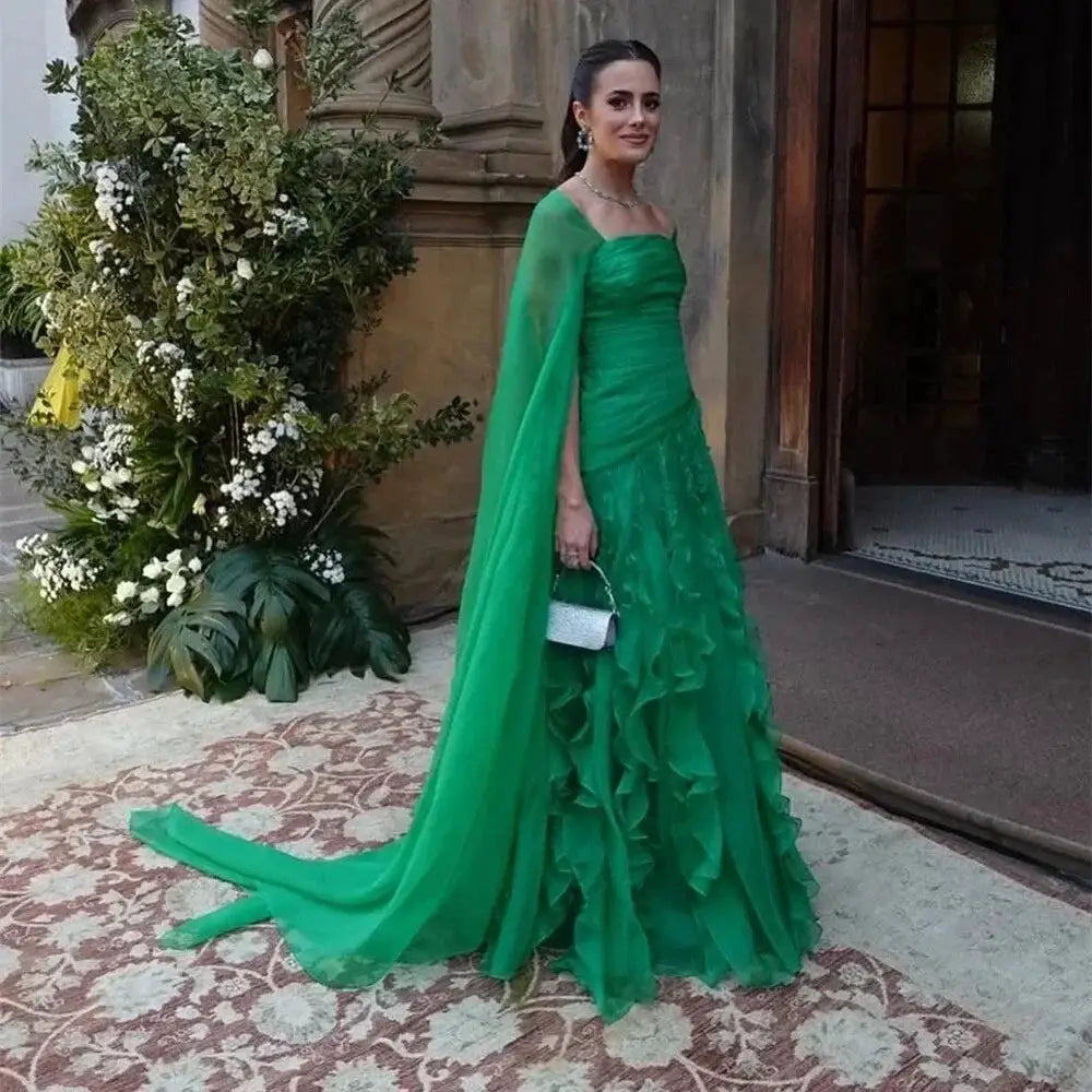 Ruffles Prom Dress Chiffon A Line Evening Gown With Detachable Shawl